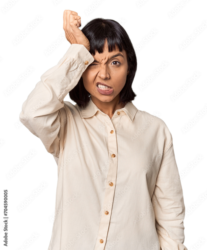 Young Hispanic woman with short black hair in studio forgetting something, slapping forehead with palm and closing eyes. Young Hispanic woman with short black hair in studio forgetting something, slapping forehead with palm and closing eyes.