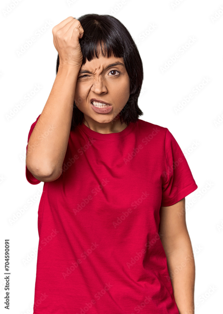 Young Hispanic woman with short black hair in studio forgetting something, slapping forehead with palm and closing eyes. Young Hispanic woman with short black hair in studio forgetting something, slapping forehead with palm and closing eyes.