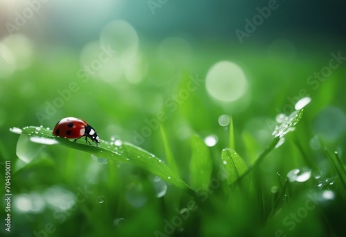 Beautiful nature background with morning fresh grass and ladybug Grass and clover leaves in droplet