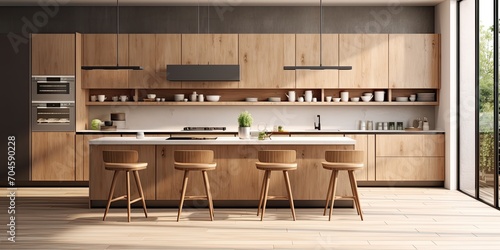  a kitchen with wooden interior, bar chairs, island, sink with kitchenware, wall-mounted oven, front view.