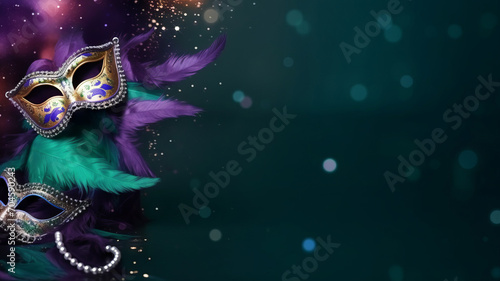 Two Mardi Gras carnival mask and beads on purple and green background