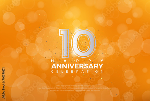 Tenth 10th Anniversary celebration, 10 Anniversary celebration, Realistic 3d sign, Orange background, festive illustration, Silver number 10 sparkling Glitter, 10,11 photo