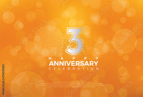 Third 3rd Anniversary celebration, 3 Anniversary celebration, Realistic 3d sign, Orange background, festive illustration, Silver number 3 sparkling Glitter, 3,4