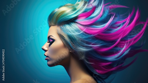 Fashion model with colorful dyed hair and creative makeup. Fashion or cosmetics concept. Illustration for cover, postcard, interior design, advertising, marketing or presentation. © Login