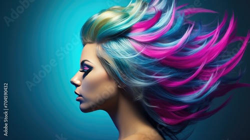 Fashion model with colorful dyed hair and creative makeup. Fashion or cosmetics concept. Illustration for cover, postcard, interior design, advertising, marketing or presentation.