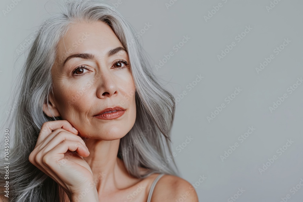 Beautiful senior older woman with pumped lips and long silver hair looking at camera Beautiful senior older woman with pumped lips and long silver hair looking at camera