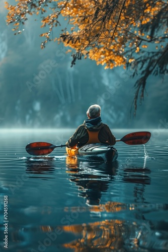 A photo of an elderly person kayaking on a calm lake, focusing on their reflection in the water and the serene environment