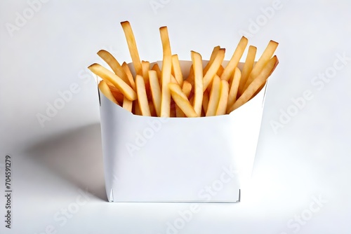 French fries in a white paper box isolated on white background. Front view. french fries in a paper wrapper . 