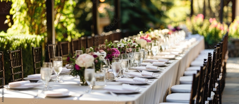 White tablecloth and dark brown chairs adorn long wedding banquet table.
