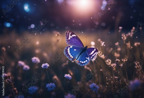 Butterfly in the grass on a meadow at night in the shining moonlight on nature in blue and purple © ArtisticLens