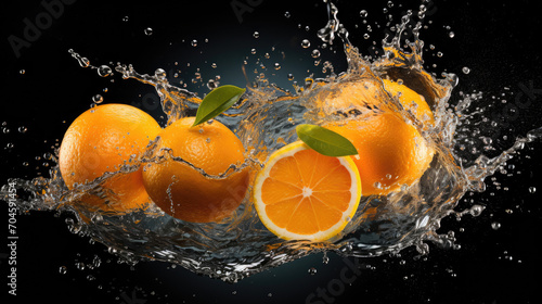 Smooth Fresh ripe organic Orange Tropical Fruits slices and falling into water and splashes created with Generative AI Technology