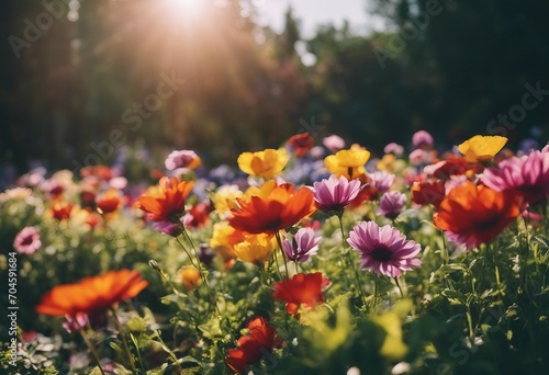 Colorful beautiful multicolored flowers spring summer in Sunny garden in sunlight on nature