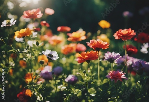 Colorful beautiful multicolored flowers spring summer in Sunny garden in sunlight on nature