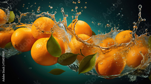 Smooth Fresh ripe organic  Orange Tropical Fruits slices and falling into water and splashes created with Generative AI Technology photo