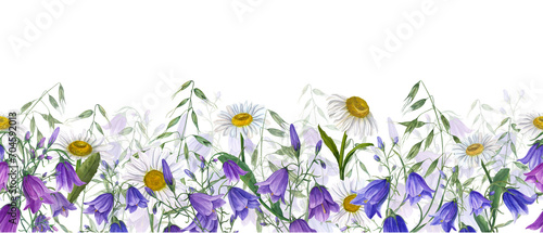 Floral seamless horizontal border with campanula  daisy  wild oats. Chamomile  wildflower. Panoramic illustration with summer meadow flowers. Watercolor ornate for fabric  textile  wrapping.