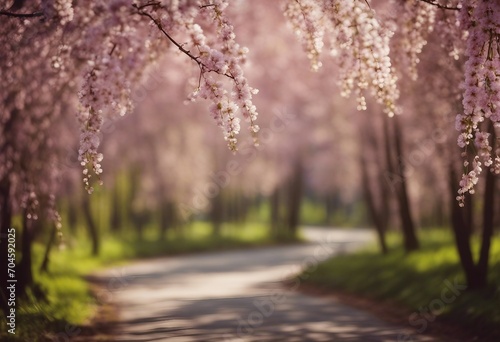 Defocused spring landscape Beautiful nature with flowering willow branches and forest road