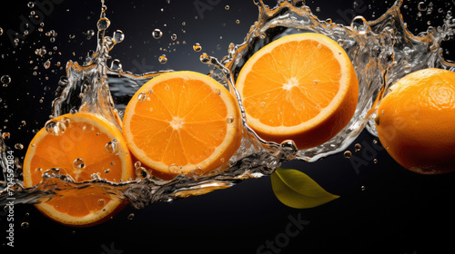 Smooth Fresh ripe organic  Orange Tropical Fruits slices and falling into water and splashes created with Generative AI Technology