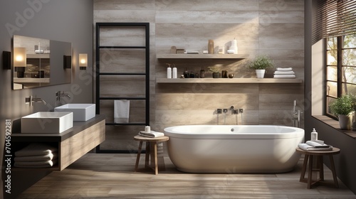Bathroom interior with natural stone tiles and wooden shelves