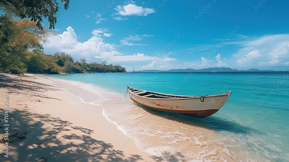 A wooden boat sits on a sandy beach with the ocean in the background, A wooden boat sits on a sandy beach with the ocean in the background,