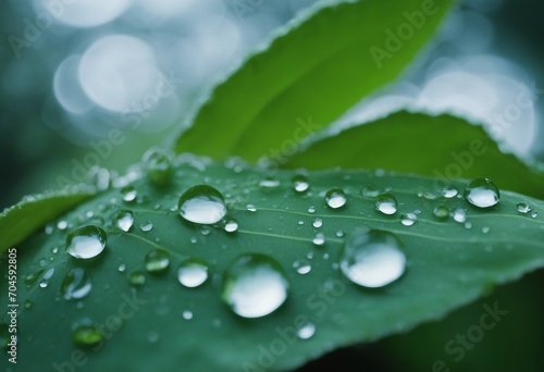 Large beautiful drops of transparent rain water on a green leaf macro Drops of dew in the morning