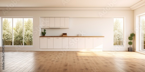 Empty house with wooden floor  kitchen.