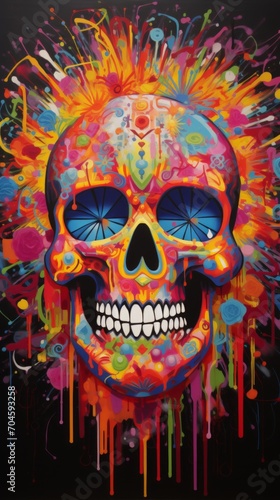 Colorful Paint Splatters Surrounding a Skull