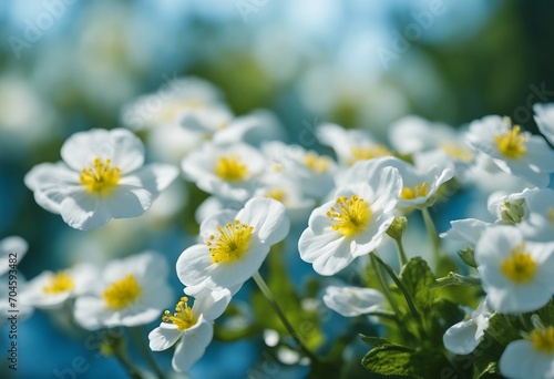 Spring forest white flowers primroses on a beautiful blue background macro Blurred gentle sky-blue