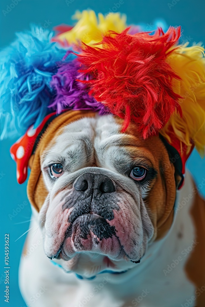 Funny bulldog in clown hat on blue background. April Fools' Day celebration.