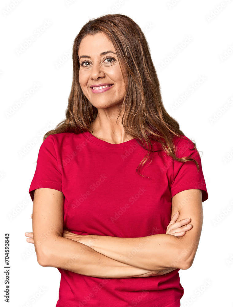 Middle-aged woman portrait in studio setting suspicious, uncertain, examining you. Middle-aged woman portrait in studio setting suspicious, uncertain, examining you.