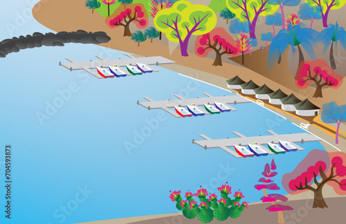 Harbor with a boat, dock, jetty, bungalows