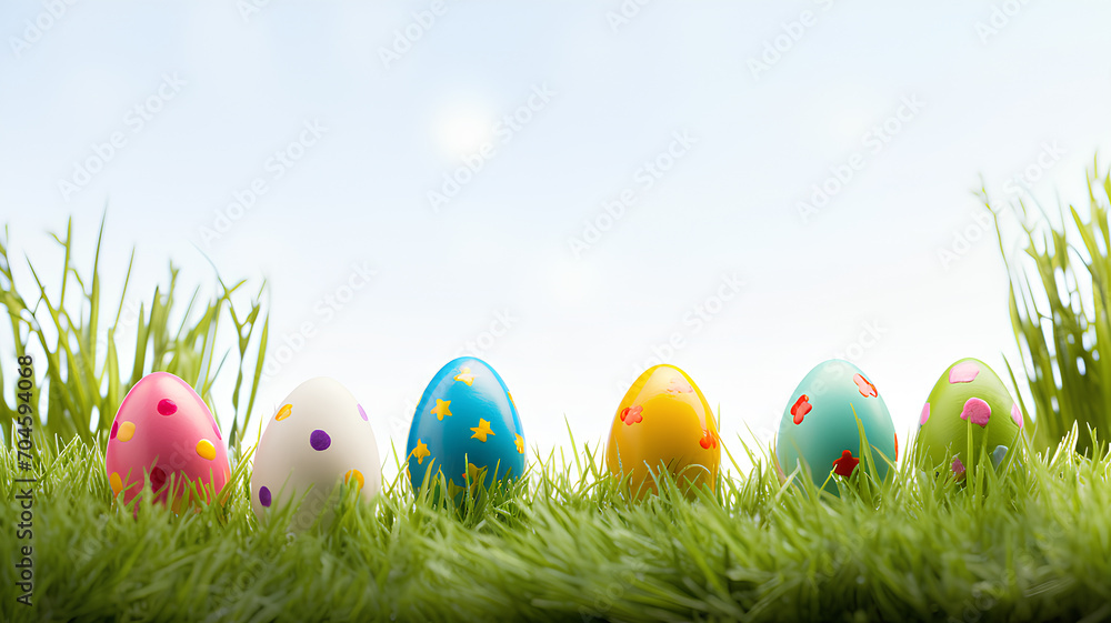 Collection of colorful painted Easter eggs on green grass. Collection of colorful painted Easter eggs on green grass.