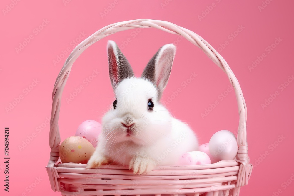 Cute easter bunny rabbit in shopping basket with painted eggs on a pink background. Cute easter bunny rabbit in shopping basket with painted eggs on a pink background.