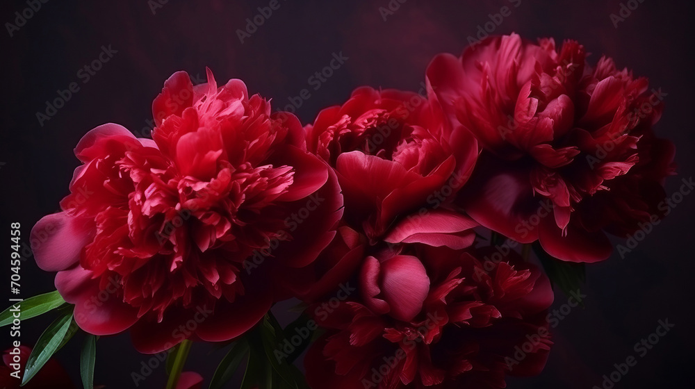 Gorgeous deep red peonies on a dark background. Floral background. Space for text or design