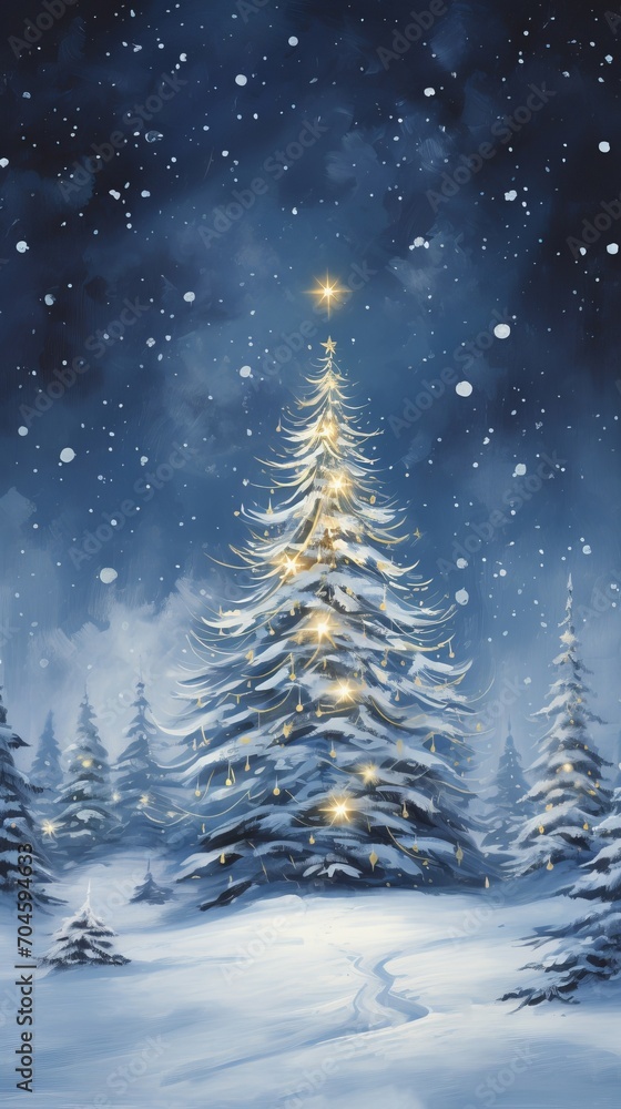 A painting of a christmas tree in the snow