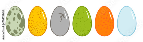 Cartoon color dinosaur whole eggs icons set. Vector flat illustration different outline eggs illustration for book, poster, easter greeting card, agriculture infographic, farm products packages design