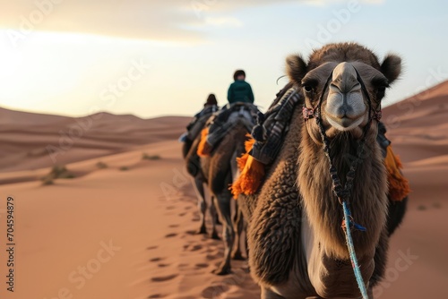 A camel as a travel guide leading a desert tour