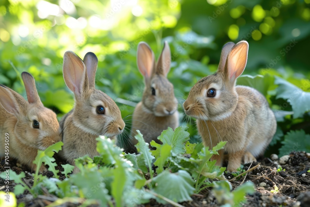 A group of rabbits as a gardening club Tending to a community garden A group of rabbits as a gardening club Tending to a community garden