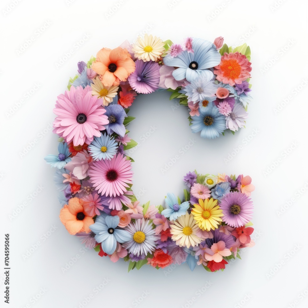 Letter C made of pastel colorful flowers on a white backdrop. Floral, botanical design. 