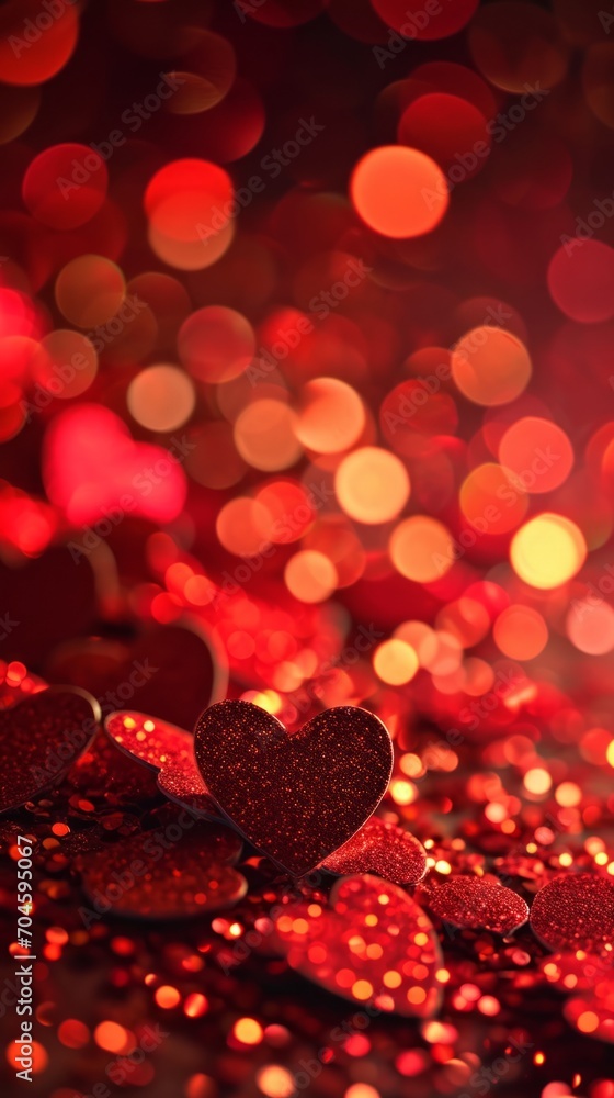 Red heart shaped sparkling decoration. Valentine day concept. Bokeh abstract vertical poster