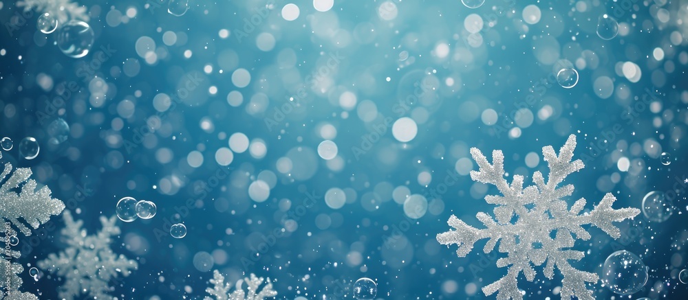 Snowflake frame on blue background with bokeh bubbles. Snowflake frame on blue background with bokeh bubbles.