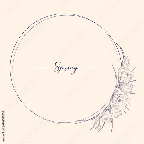 Wildflowers in a hand drawn line art style. Round frame for text. Vector design for invitation, postcard, logo.