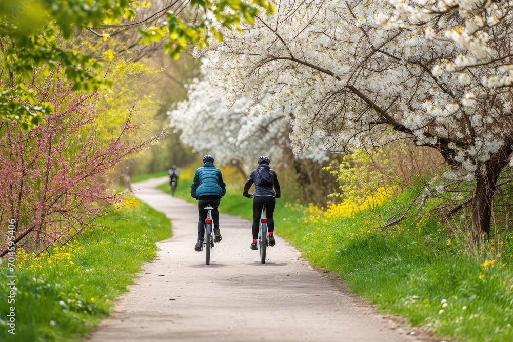 Bicyclists riding on a path surrounded by spring blossoms