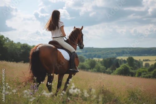 Equestrian model riding a horse in a picturesque countryside landscape