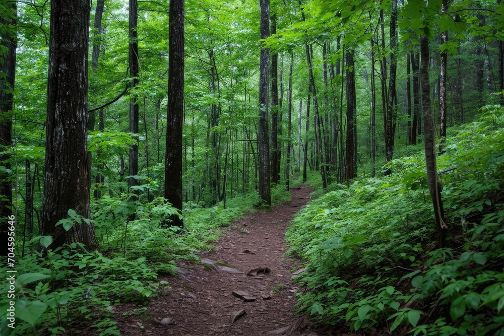 Fototapeta premium Hiking trail through a dense Green forest