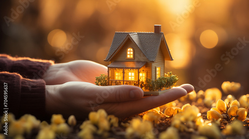  A person holding a model house during sunset.