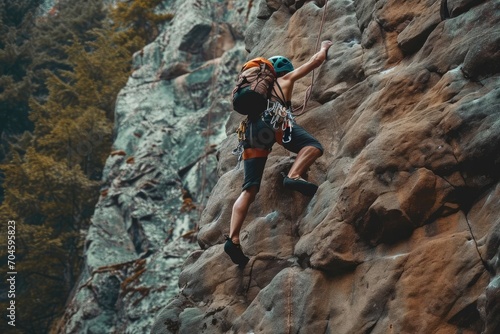 Professional climber model scaling a challenging rock face in a natural setting