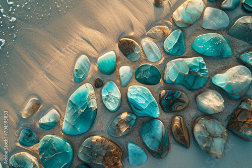 turquoise stones scattered across a sandy beach