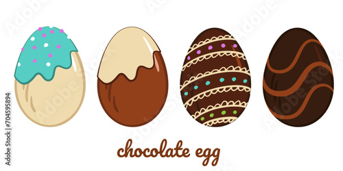 chocolate eggs set. Brown, dark, milk chocolate decorated egg. Sweet symbol of Easter holiday. Vector dark cocoa dessert. Restaurant, cafe menu, holiday, card, poster decoration.