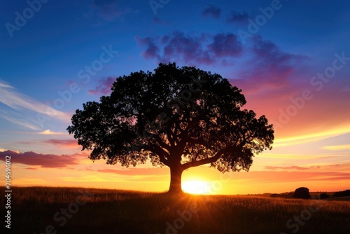 Sunset silhouette of a lone tree in a field