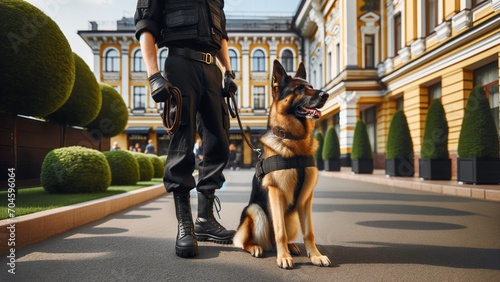Law Enforcement Partners: Alert German Shepherd Police Dog with Handler in Tactical Gear.